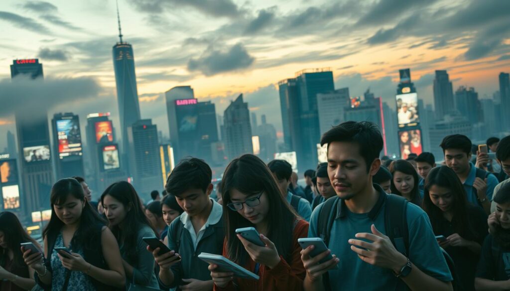 A bustling cityscape at dusk, towering skyscrapers and neon-lit billboards casting a hazy glow across the urban landscape. In the foreground, a diverse group of students - some engrossed in their smartphones, others engaged in lively discussion - navigating the fast-paced, ever-changing environment, their expressions reflecting a mix of wonder, excitement, and unease at the influence of globalization on their moral development. The background is shrouded in a sense of uncertainty, with swirling clouds and a distant horizon hinting at the broader societal and cultural shifts shaping their world. Dramatic lighting, a cinematic camera angle, and a sense of tension and introspection permeate the scene, inviting the viewer to contemplate the complex relationship between education, morality, and the forces of globalization.
