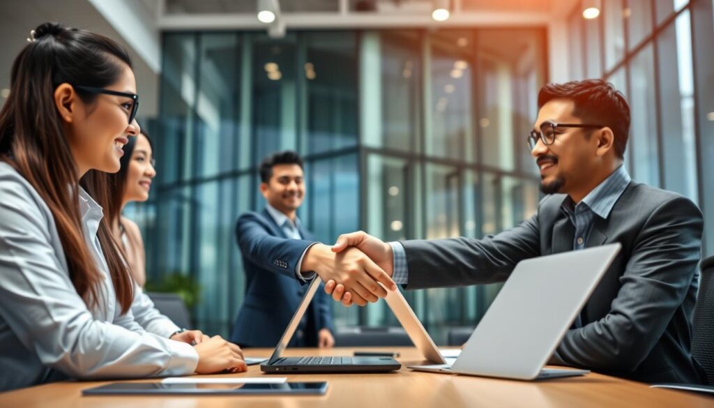 A collaborative partnership between Politeknik PGRI Banten and local industries, showcasing a modern office setting. In the foreground, business professionals shake hands, symbolizing the mutual understanding and shared goals. The middle ground features state-of-the-art technology, such as laptops and digital displays, highlighting the integration of academic and industrial resources. In the background, a sleek, glass-paneled building represents the innovative and forward-thinking nature of this collaboration. Soft, directional lighting casts a warm, professional atmosphere, while a shallow depth of field emphasizes the central handshake. The overall scene conveys a sense of progress, innovation, and a thriving, symbiotic relationship between education and industry.