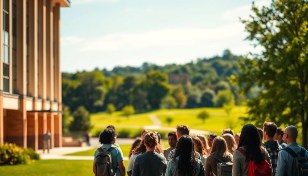 A college campus with a modern, well-lit building in the foreground, representing a university or educational institution. In the middle ground, a group of diverse students gathered around a podium, listening intently as a speaker discusses a scholarship program. The background features a lush, green landscape with trees and a clear blue sky, conveying a sense of opportunity and growth. The lighting is warm and inviting, creating a positive and aspirational atmosphere. The overall scene suggests the importance of education, access to resources, and the transformative power of scholarship programs.
