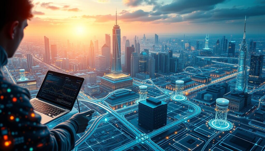 A highly detailed digital twin landscape, showcasing the integration of advanced technologies. In the foreground, a holographic interface displays real-time data and analytics, monitored by sleek, futuristic devices. The middle ground features a complex network of interconnected systems, with glowing lines and nodes representing the flow of information. In the background, a cityscape of towering skyscrapers and gleaming infrastructure, bathed in a warm, futuristic glow. The scene conveys a sense of technological innovation, seamless integration, and a future-forward vision for cybersecurity collaboration.