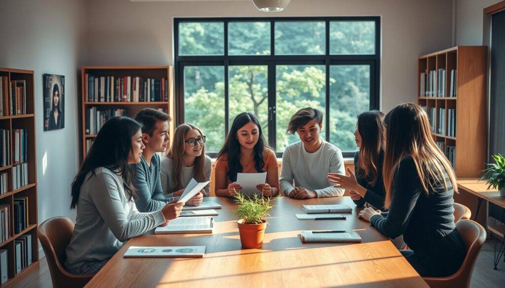 A serene academic setting, with students gathered around a table discussing educational scholarships. The scene is bathed in warm, natural lighting, creating a cozy, inviting atmosphere. In the foreground, a group of diverse young adults are engaged in lively conversation, gesticulating and examining documents. The middle ground features a wooden table adorned with a potted plant and scholarship-related materials. In the background, bookshelves and a large window overlooking a lush, verdant landscape create a sense of intellectual tranquility. The overall composition conveys the benefits and advantages of an educational scholarship program, highlighting the collaborative and enriching experience it provides.