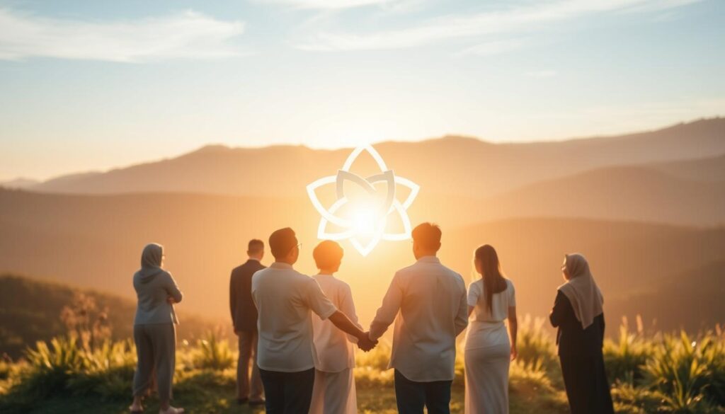 A serene and harmonious scene depicting the integration of Pancasila values, the foundational principles of the Indonesian nation. In the foreground, a diverse group of people from different backgrounds stand united, their hands joined in a symbolic gesture of unity. Soft, warm lighting bathes the scene, conveying a sense of togetherness and shared purpose. In the middle ground, a stylized representation of the five Pancasila principles - belief in one God, just and civilized humanity, the unity of Indonesia, democracy guided by the inner wisdom of deliberations among representatives, and social justice for all Indonesians - are depicted as interlocking elements, reflecting their interconnectedness. The background features a tranquil landscape, with rolling hills and a clear sky, representing the peaceful and prosperous future envisioned by the principles of Pancasila.