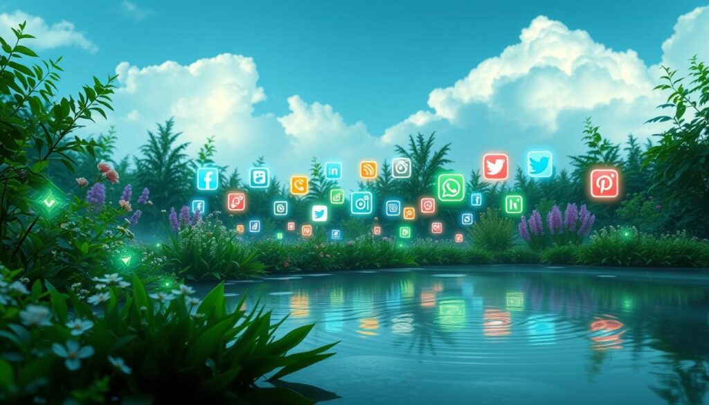 A serene, lush digital garden filled with vibrant social media platforms, each blooming with a unique aura. In the foreground, a soothing pond reflects the tranquil atmosphere, surrounded by verdant foliage and delicate flowers. Soft, diffused lighting bathes the scene, creating a calming, meditative ambiance. The middle ground features various social media icons, each emanating a distinct, ethereal glow that blends harmoniously with the natural setting. In the background, a dreamy, cloud-like sky lends a sense of boundless, peaceful expansiveness. The overall composition evokes a harmonious fusion of technology and nature, inviting the viewer to embrace the soothing allure of "aura farming" in the digital realm.