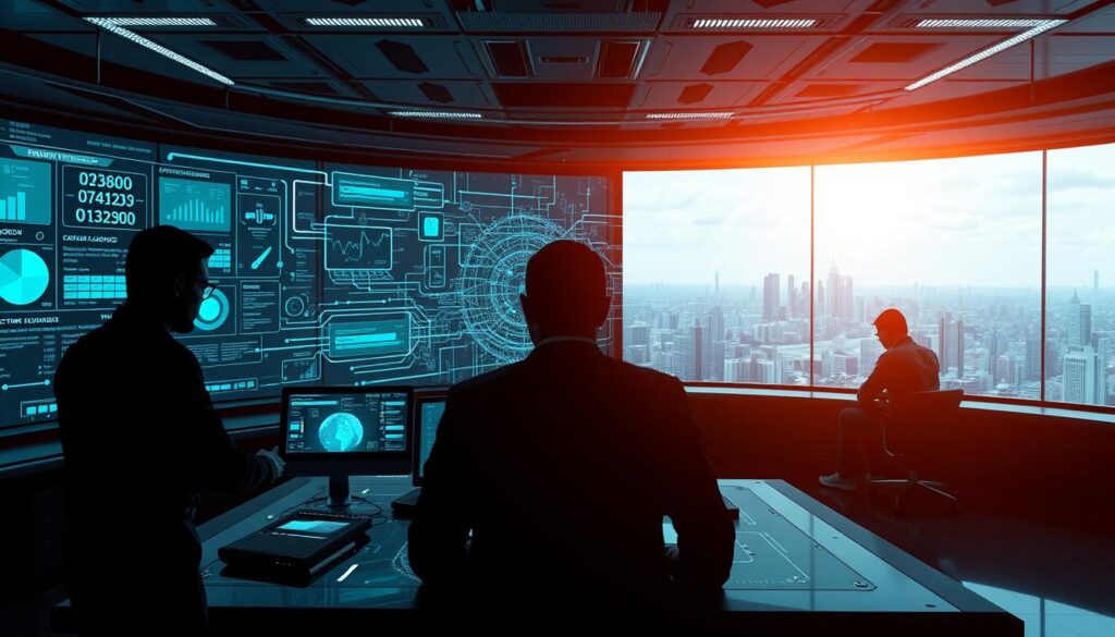 A sleek, futuristic digital control center, showcasing the strategic elements of digital sovereignty. The foreground features a holographic interface with data visualizations and interactive controls, operated by silhouetted figures in a dimly lit, high-tech environment. The middle ground displays a backdrop of interconnected digital networks, data streams, and security protocols, conveying the complexity and scale of the digital ecosystem. In the background, a panoramic view of a cityscape illuminates the broader context of a technologically advanced, yet secure, urban landscape. Dramatic lighting casts strategic shadows, while a subtle blue-green color palette evokes a sense of precision, power, and technological mastery.
