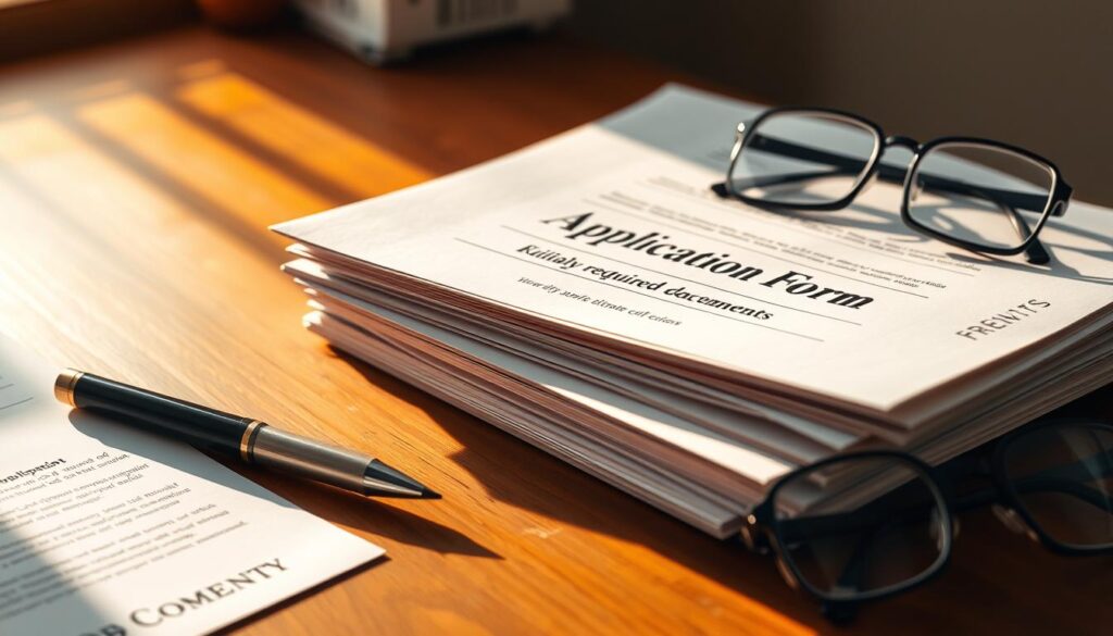 A stack of official-looking documents arranged neatly on a wooden desk, bathed in warm, directional lighting. The documents are labeled with relevant keywords like "Application Form", "Eligibility Criteria", and "Required Documents". A pen and a pair of reading glasses sit nearby, suggesting an active process of reviewing and filling out the application. The overall composition conveys a sense of professionalism, attention to detail, and the importance of the scholarship application process.