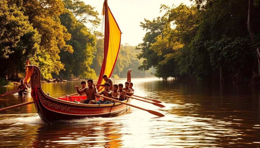 A traditional pacu jalur boat glides across a tranquil river, its vibrant red and gold hull reflecting the dappled sunlight. The wooden vessel is adorned with intricate carvings and ornate sails, capturing the essence of a centuries-old cultural tradition. In the foreground, a crew of skilled rowers propel the boat forward with synchronized oar strokes, their faces etched with concentration. The riverbanks are lined with lush, verdant foliage, creating a serene and picturesque backdrop. Warm, golden tones bathe the scene, evoking a sense of timelessness and the enduring spirit of this ancestral waterborne sport. The image conveys the tranquility and cultural significance of the pacu jalur, a beloved tradition that has withstood the test of time.
