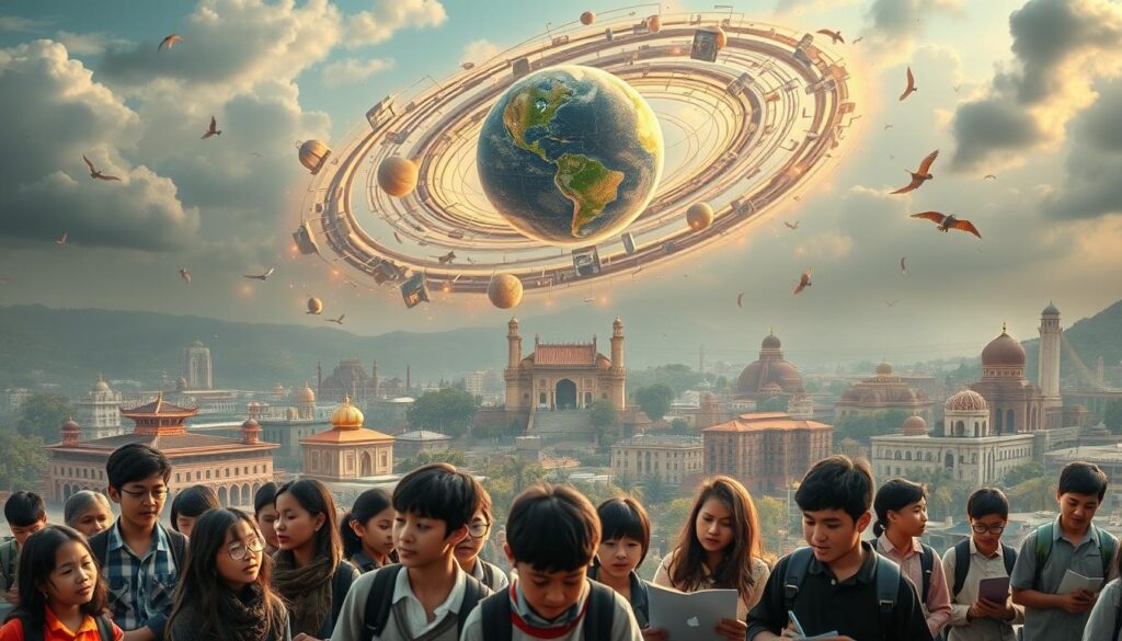 A vast landscape depicting the complex impacts of globalization on education. In the foreground, a diverse group of students from different backgrounds engage in interactive learning, their faces alight with curiosity and wonder. The middle ground reveals a blend of traditional and modern educational institutions, their architectural styles a testament to the intermingling of cultures. Hovering in the background, a swirling vortex of technology, data, and international exchange symbolizes the accelerating pace of change, both challenges and opportunities. Warm, golden lighting casts a contemplative glow, inviting the viewer to ponder the nuanced, double-edged nature of globalization's influence on the future of education.