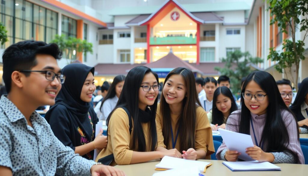 A vibrant campus setting, Politeknik PGRI Banten's academic activities unfold. In the foreground, students engaged in lively discussions, their faces alight with intellectual curiosity. The middle ground showcases modern, well-equipped classrooms, the soft glow of natural light streaming through large windows. In the background, the institution's distinctive architecture - a harmonious blend of traditional and contemporary elements - creates a visually striking backdrop. The scene conveys a sense of academic rigor, collaborative learning, and a commitment to nurturing the next generation of leaders. The image is captured with a wide-angle lens, emphasizing the expansive, welcoming atmosphere of the campus.