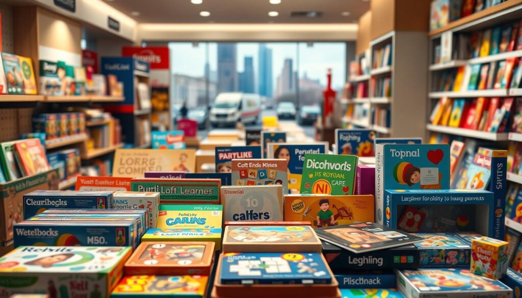 A vibrant display of educational products, showcasing a diverse array of engaging board games, puzzles, and learning materials. The foreground features a neatly arranged selection of these products, each meticulously crafted to stimulate the minds of young learners. The middle ground captures a welcoming retail environment, with clean shelves and a warm, inviting atmosphere. In the background, a softly blurred cityscape suggests the accessibility and widespread availability of these educational resources. Soft, diffused lighting casts a gentle glow, highlighting the quality and attention to detail in the products. The overall scene conveys a sense of educational enrichment and the opportunity for children to explore and discover through interactive, hands-on learning.