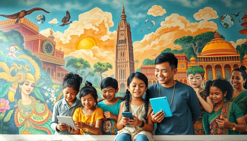 A vibrant mural depicting the fusion of global and cultural education. In the foreground, a diverse group of students engage in interactive learning, their faces aglow with wonder. The middle ground showcases traditional art forms, from intricate textiles to vibrant murals, seamlessly integrated with modern technology. In the background, a towering edifice stands as a symbol of the harmonious synthesis of past and present, local and international, reflecting the promise of a future where education transcends borders and celebrates the richness of diverse cultural identities. Warm, natural lighting casts a sense of optimism, while a carefully composed layout guides the viewer's eye through this visually compelling tableau.