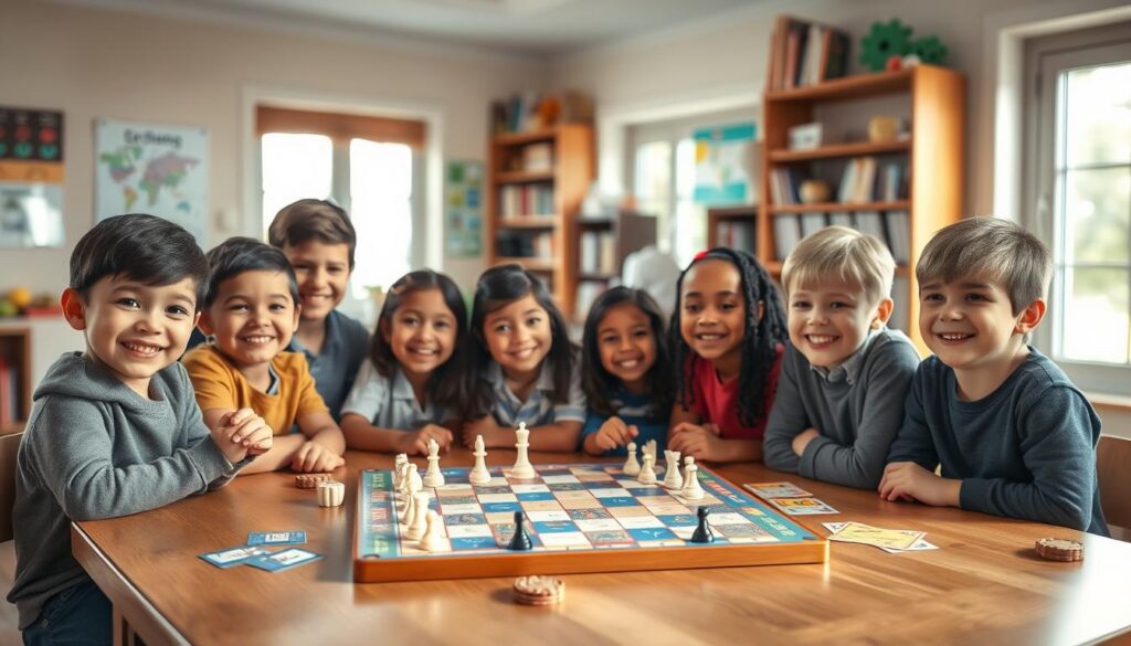 A well-lit, inviting board game scene in a cozy, educational setting. In the foreground, a wooden table showcases a vibrant, 3-in-1 educational board game with chess, checkers, and trivia components. Pieces and cards are neatly arranged, ready for play. Surrounding the table, friendly, smiling children of diverse backgrounds eagerly engage with the game, their expressions filled with curiosity and excitement. In the background, bookshelves and educational posters create a warm, learning-focused atmosphere. Soft, natural lighting from windows casts a gentle glow, emphasizing the joyful, hands-on learning experience.