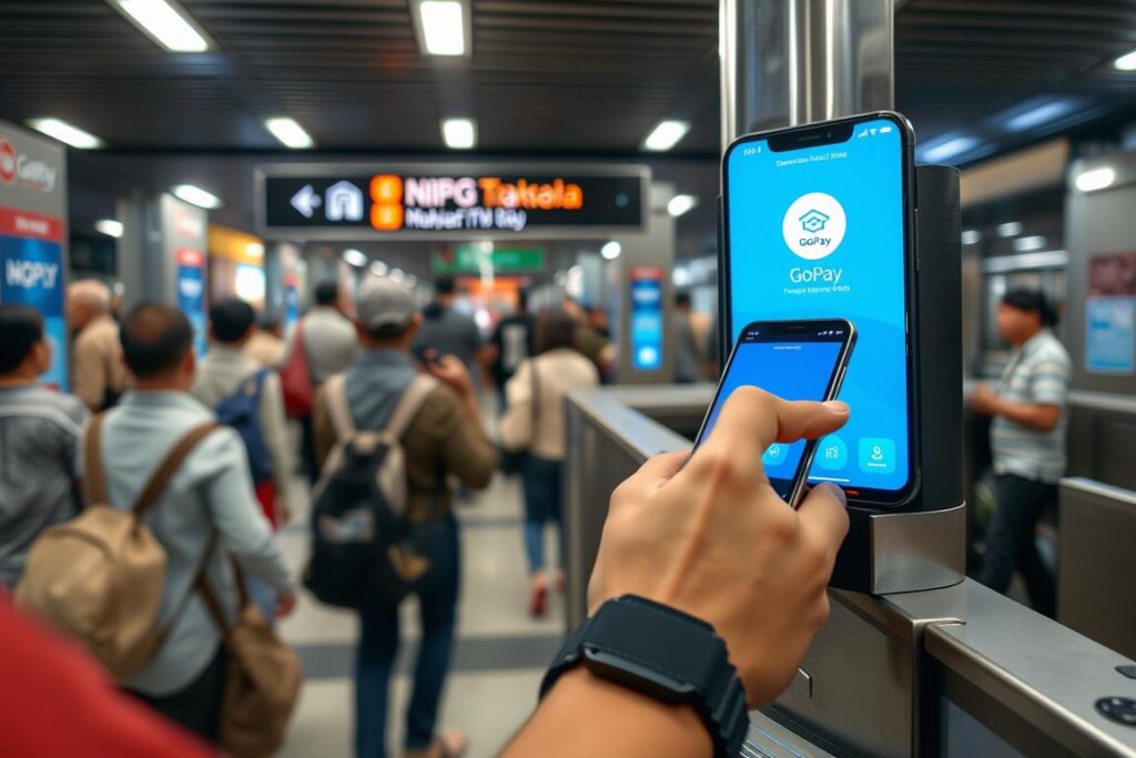 Pengguna GoPay menggunakan fitur NFC untuk pembayaran transportasi umum