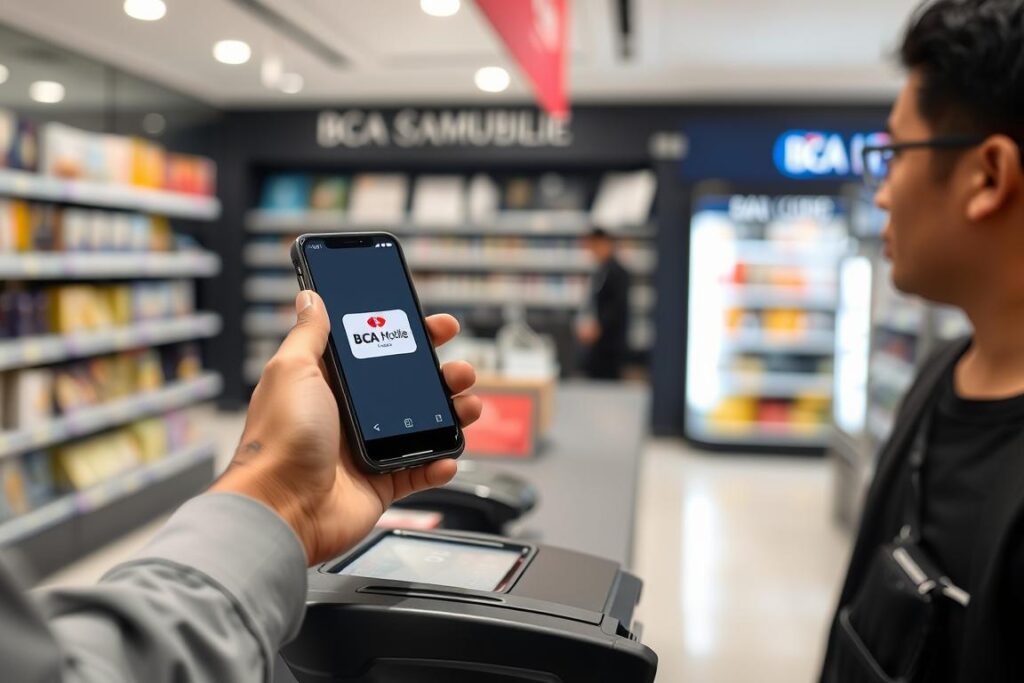 Pengguna menggunakan fitur NFC BCA Mobile untuk pembayaran di merchant