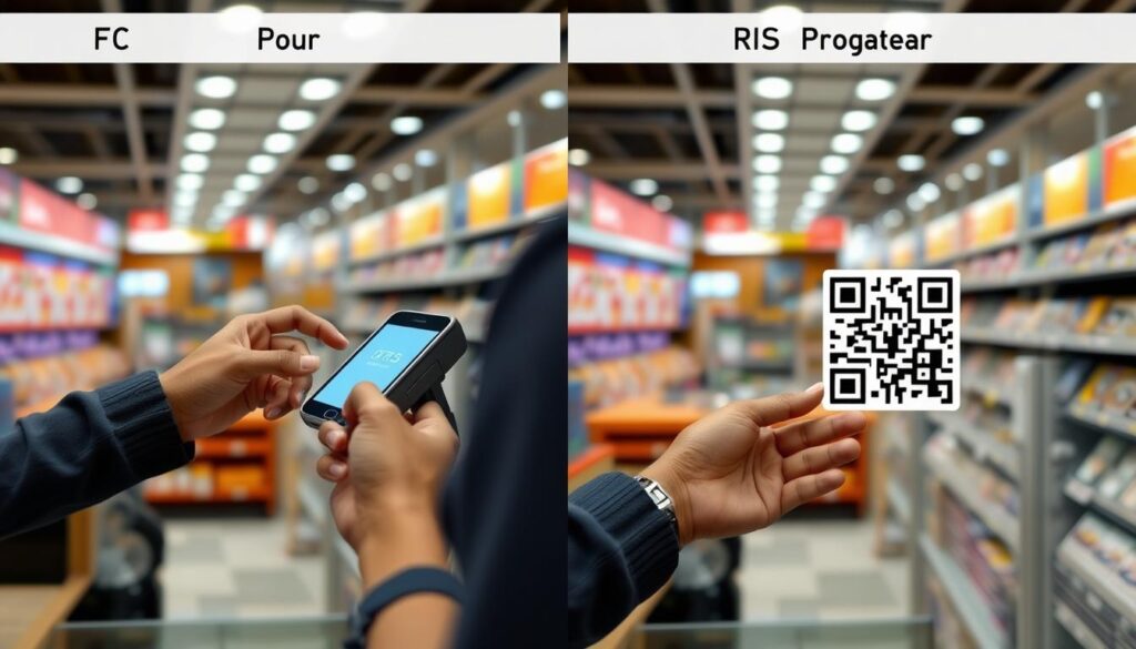 Perbandingan visual antara pembayaran NFC dan QRIS di merchant Indonesia