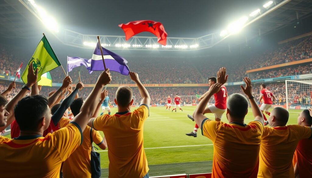 A dynamic sports scene capturing the excitement of the Premier League this week. In the foreground, a diverse group of enthusiastic fans, dressed in vibrant football jerseys, wave flags and cheer passionately in a stadium setting. The middle ground features players in action, showcasing a tense moment of a match with one player about to take a powerful shot on goal. The background reveals a packed stadium under bright floodlights, creating an electric atmosphere. Dramatic lighting highlights the movement and expressions of the players and fans, while the angle is slightly tilted to convey the intensity of the moment. The scene conveys a sense of anticipation and excitement, immersing viewers in the thrill of the game.