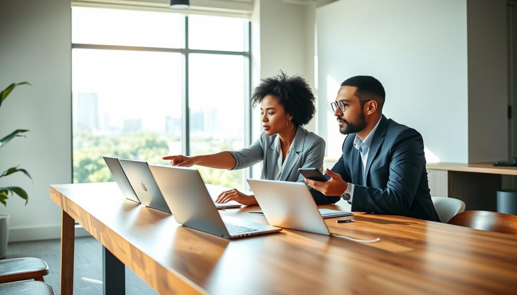 A modern, inviting workspace featuring a diverse group of three professionals collaborating on laptops at a sleek wooden table. In the foreground, a focused woman in smart casual attire is pointing at the screen, illustrating teamwork. The middle area shows a man in a business suit, discussing ideas while taking notes. The background highlights a large window with natural light streaming in, revealing a green cityscape outside. Soft shadows play across the room, adding depth and warmth. The atmosphere is productive and inspiring, capturing the essence of online work platforms. Use a wide-angle lens to create a sense of openness and engagement, enhancing the feeling of collaboration and innovation. The color palette should be bright and modern, with greens and blues to evoke a calm yet energetic vibe.