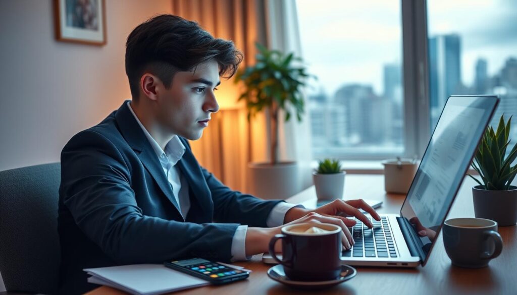 A professional setting showcasing a person using a laptop for online research on safe and profitable money-making applications. In the foreground, a young adult in smart casual attire is focused on the screen, surrounded by notes and a smartphone displaying various app icons. The middle ground features a cozy desk with a potted plant and a cup of coffee, creating a warm and inviting atmosphere. In the background, soft lighting enhances the scene, with a window revealing a city skyline, symbolizing opportunities. The mood should convey diligence and optimism, highlighting the pursuit of financial freedom through technology. Use a slightly blurred focus for a depth-of-field effect that draws attention to the subject.