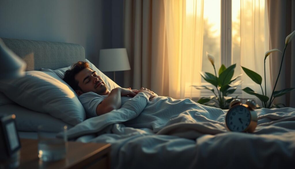 A serene bedroom scene at dawn, showcasing a peaceful sleeping man in modest pajamas, lying comfortably on a cozy bed with soft pillows and a warm blanket. In the foreground, a bedside table holds a glass of water and a clock, emphasizing the importance of sleep. The middle ground features a window gently illuminated by soft, golden sunlight, casting a warm glow across the room, symbolizing the rejuvenating effects of restful sleep. In the background, calming plants such as a peace lily are positioned, enhancing the tranquil atmosphere. The overall mood is restful and restorative, conveying the benefits of sleep for physical and mental health, with a focus on relaxation and well-being. The lighting is soft and inviting, creating a harmonious and peaceful ambiance.