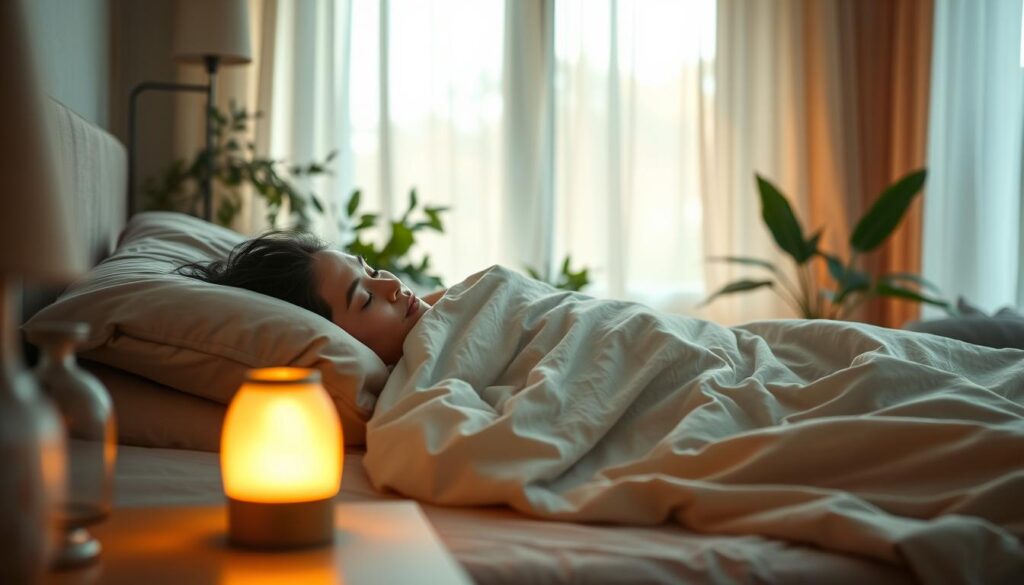 A serene bedroom scene focused on a person peacefully sleeping under soft, cozy blankets, surrounded by calming elements. In the foreground, a bedside table holds a glowing lamp, emitting warm, gentle light that casts a comforting glow. In the middle, the bed is dressed in neutral-toned linens, with plush pillows arranged invitingly. The background features a window with sheer curtains gently fluttering, allowing soft, natural light to filter in, enhancing the tranquil atmosphere. Include indoor plants to add a touch of greenery and life. The mood is peaceful and restful, showcasing a perfect sanctuary for quality sleep. The image should convey a sense of relaxation and well-being, emphasizing the importance of restful sleep. Capture this scene with a soft focus and warm color tones to evoke a feeling of calmness.