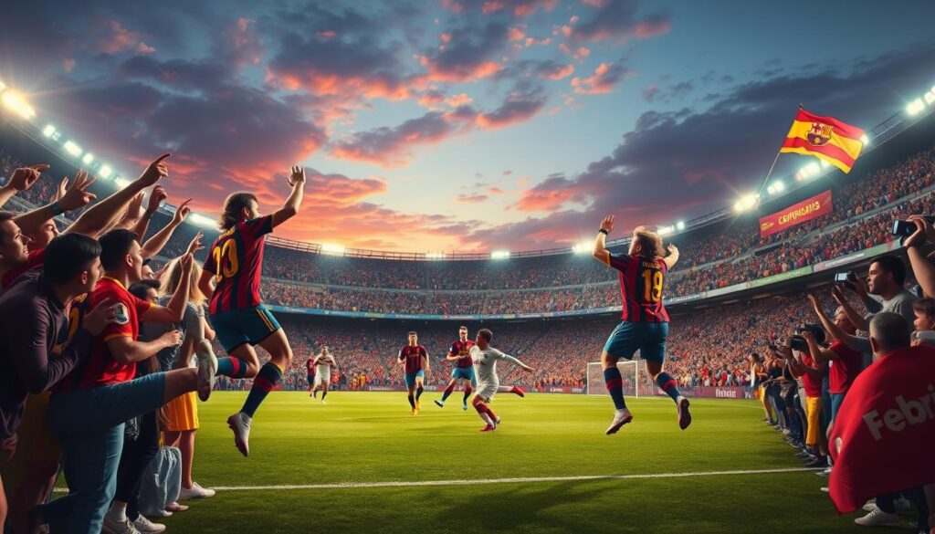 A vibrant and dynamic scene capturing the thrilling atmosphere of a Spanish La Liga football match, showcasing an intense moment of spectacular goal celebrations. In the foreground, a diverse group of jubilant fans dressed in colorful team jerseys and scarves are jumping and cheering, exuding excitement and passion. The middle ground features athletes on the field, elegantly executing a powerful shot towards the goal, with one player about to score while goalkeepers dive dramatically. The stadium is packed with enthusiastic supporters, waving flags and banners, creating an electrifying ambiance. The background showcases a vivid sunset sky, enhancing the dramatic lighting, while the stadium lights illuminate the scene, emphasizing the players and fans in a warm glow. The overall mood is exhilarating, filled with energy and anticipation, encapsulating the essence of a spectacular week in La Liga.
