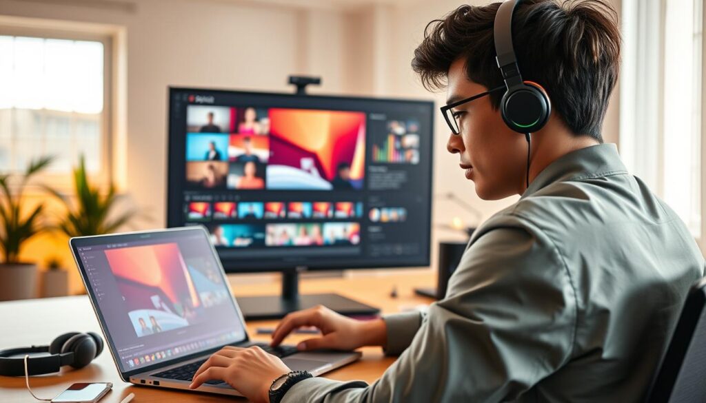 A vibrant scene depicting a young professional in a modern office environment, focused intently on editing a video in the CapCut application on their laptop. In the foreground, the skilled editor is dressed in smart-casual attire, with an array of colorful video clips displayed on the screen, showcasing the dynamic "jedag-jedug" style. The middle of the composition includes a large monitor with eye-catching transitions and effects characteristic of this editing style, surrounded by notes and creative tools like a smartphone and headphones. The background features an inspiring workspace with soft, warm lighting filtering through a window, illuminating the area, creating a productive and engaging atmosphere that conveys creativity and focus. The angle captures the excitement of video editing, highlighting the editor's concentration while ensuring a clean and professional aesthetic.