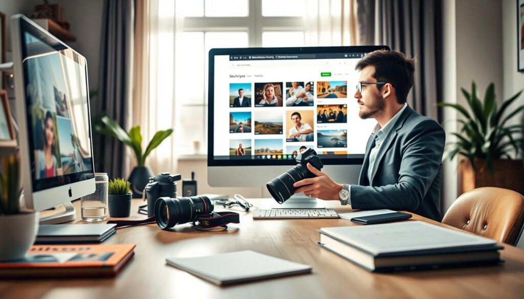 A vibrant workspace depicting the concept of selling stock photos online. In the foreground, a computer screen displays a visually appealing interface of a stock photo website, showcasing various high-quality images. A professional-looking person in smart casual attire is thoughtfully selecting photos, surrounded by a camera, lens, and photography props, emphasizing creativity. In the middle ground, a stylish desk with photography books and a notepad lies neatly organized. The background features soft natural light pouring through a window, illuminating the space and creating a warm, inviting atmosphere. The scene conveys a sense of productivity and inspiration, while remaining professional and focused on the theme of online business success. A vibrant workspace depicting the concept of selling stock photos online. In the foreground, a computer screen displays a visually appealing interface of a stock photo website, showcasing various high-quality images. A professional-looking person in smart casual attire is thoughtfully selecting photos, surrounded by a camera, lens, and photography props, emphasizing creativity. In the middle ground, a stylish desk with photography books and a notepad lies neatly organized. The background features soft natural light pouring through a window, illuminating the space and creating a warm, inviting atmosphere. The scene conveys a sense of productivity and inspiration, while remaining professional and focused on the theme of online business success.