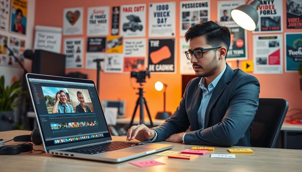 A vibrant workspace filled with elements pertinent to video editing tips for "jedag jedug" videos. In the foreground, an open laptop displaying an editing software interface showcasing dynamic video clips with fast cuts and vibrant transitions. A professional-looking individual, dressed in smart casual attire, is sitting at the desk, focused on the screen, with colorful sticky notes around them that list tips for engaging edits. In the middle ground, a collection of video editing tools like headphones, a camera, and lighting equipment are arranged artistically. The background features a well-organized wall with inspirational video editing posters and a soft light source casting a warm glow, creating an energetic and motivating atmosphere, perfect for aspiring video editors.