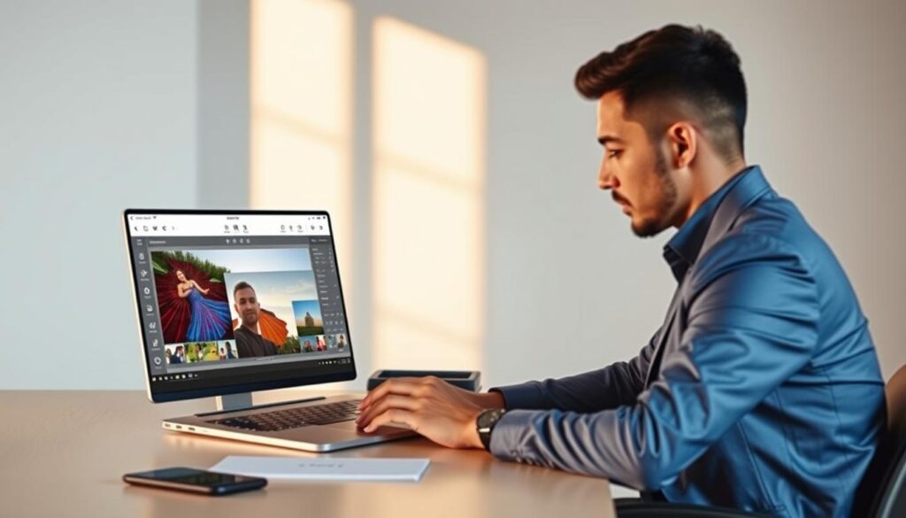 A visually engaging scene of a beginner using Gemini AI software to edit a photo on a sleek laptop. In the foreground, a focused individual in professional attire sits at a stylish desk, exploring the user-friendly interface of Gemini AI on the laptop screen, displaying vibrant images being edited. The middle layer shows tools and editing options in an organized layout, while the background features soft, natural light streaming through a window, casting gentle shadows that create a calm atmosphere. The setting is modern and minimalistic, enhancing the theme of simplicity in AI photo editing. The composition should convey a sense of ease and creativity, inviting viewers to imagine the capabilities of Gemini AI for photo editing.