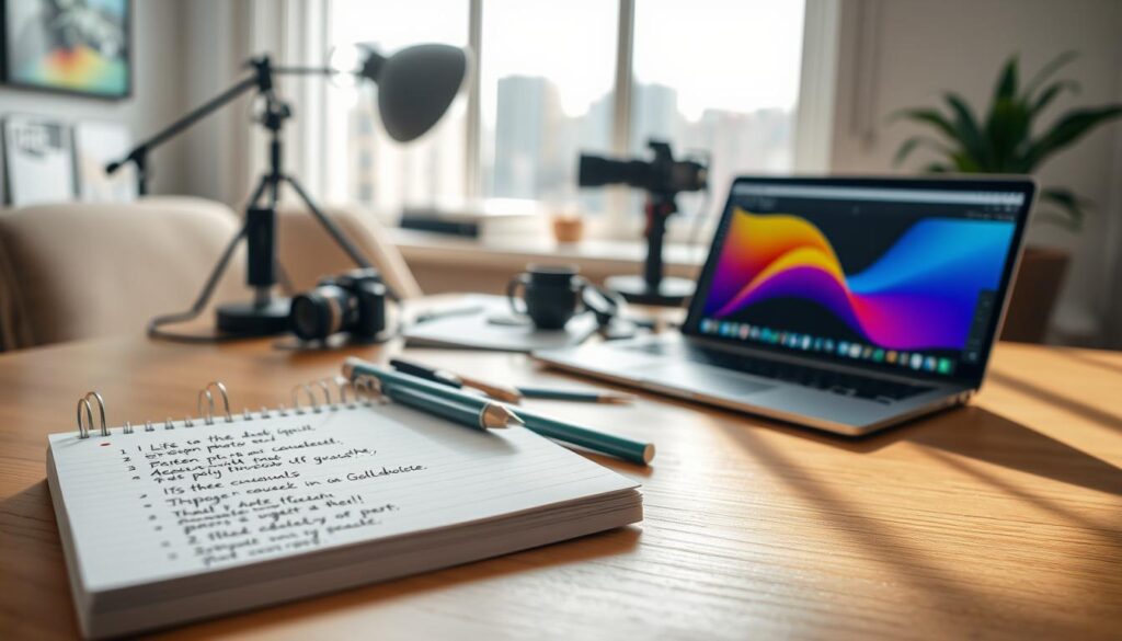 A well-organized workspace showcasing the concept of writing photo editing prompts. In the foreground, a notepad with neatly written tips and bullet points, accompanied by a sleek laptop with a colorful UI displaying photo editing software. The middle ground features a desk cluttered with professional tools like a camera, editing software manual, and vibrant color swatches, set in a comfortable office environment. The background highlights a large window letting in soft, natural sunlight, creating a warm and inviting atmosphere. The scene is captured from a slightly elevated angle, giving an overview of the creative process. Soft shadows add depth, enhancing a focused yet relaxed mood. The overall aesthetic is modern and inspiring, emphasizing clarity and creativity.