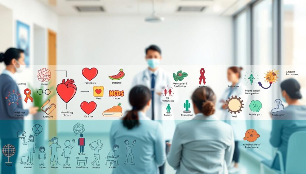 An informative and visually engaging illustration depicting the various types and risk factors of noncommunicable diseases (NCDs). In the foreground, include symbolic representations of common NCDs, such as heart disease, diabetes, and cancer, illustrated as diverse icons or diagrams. The middle layer should showcase risk factors like unhealthy food choices, lack of exercise, and stress, represented through vibrant graphics such as fast food, a sedentary lifestyle, and mindfulness practices. In the background, create a soft-focus scene of a healthcare professional discussing these topics with patients, ensuring they are dressed in professional attire. The lighting should be bright and inviting, emphasizing a tone of awareness and education. Use a slightly elevated angle for a comprehensive view while maintaining clarity and focus.