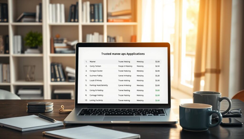 a modern workspace featuring a sleek laptop displaying a list of trusted money-making applications on the screen, surrounded by stylish office items like a notepad, a coffee cup, and a smartphone, all placed on a dark wooden desk. In the background, a softly illuminated bookshelf with business and finance books creates a professional atmosphere. Warm, natural lighting streams in through a large window, casting gentle shadows and enhancing the inviting mood. The scene is captured from a slight overhead angle, emphasizing the organized setup. The overall ambiance should convey credibility and trustworthiness, ideal for illustrating a section about reliable money-making apps.